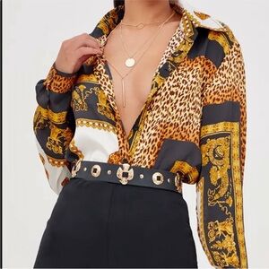 Pretty Little Thing Black Leopard Print Satin Oversized Shirt Size Small NWT